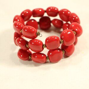 KAZURI Handmade Bright Red Clay Beaded Wraparound Bracelet Sz OS